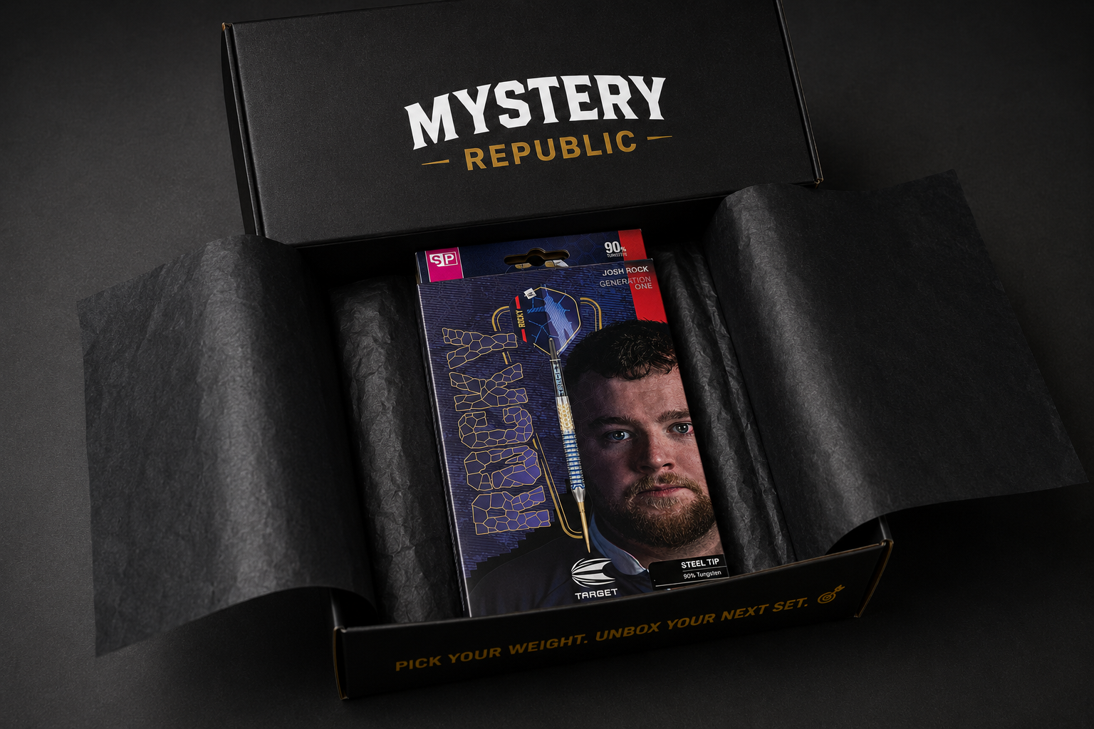 Unbox a brand-new mystery set of steel tip darts. Choose your preferred weight and discover surprise darts from Mystery Republic.
